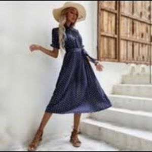 Shein Polka Dot Pleated Hem Puff Sleeve Navy Blue original packaging NWOT